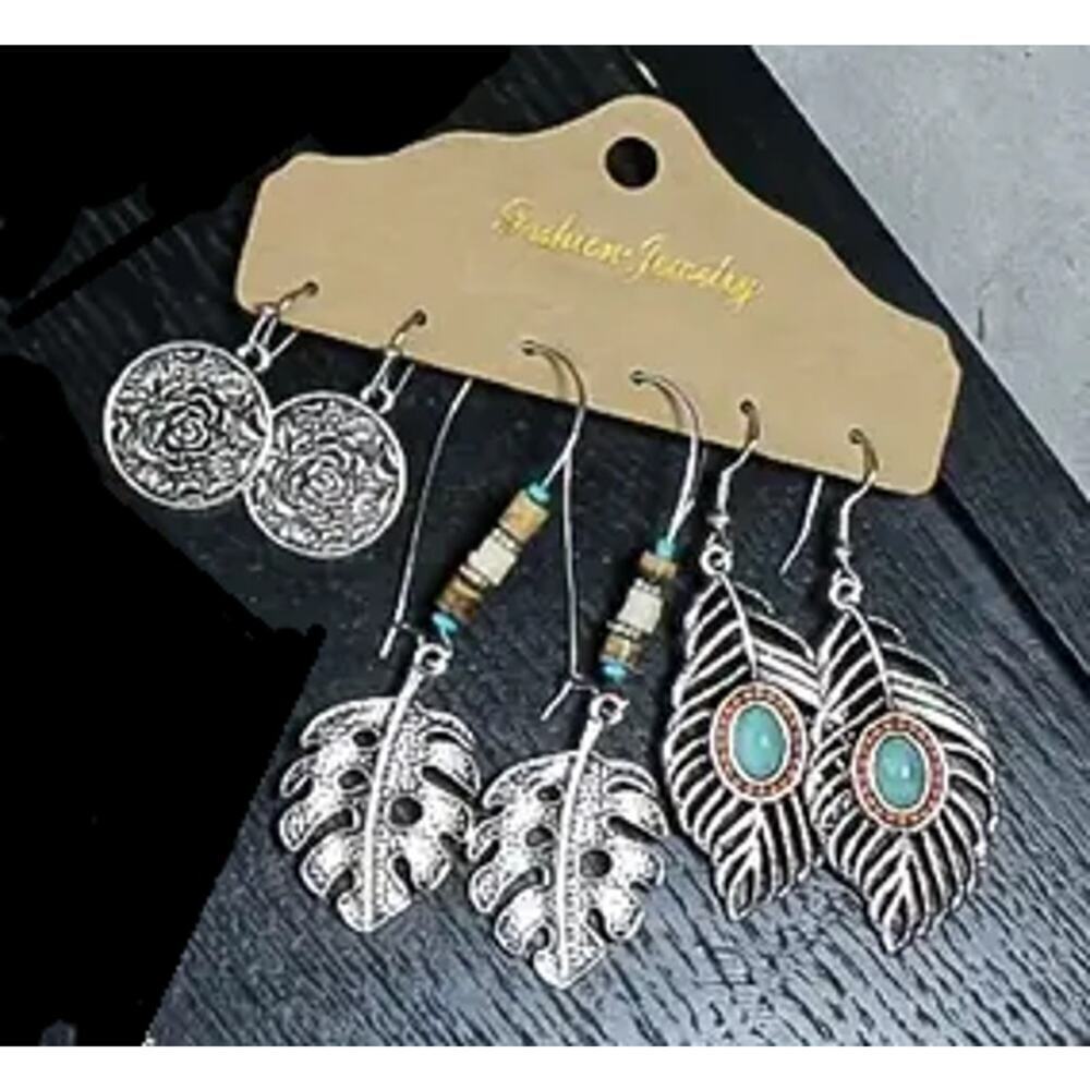 NEW Boho Western Earrings Set – Silver Leaf, Feather & Turquoise Jewelry